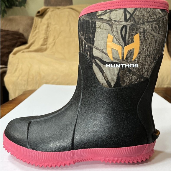 Women’s Hunthor‎ Rain Boots Black Pink Sz7 More like 9 Run Huge - Picture 1 of 9
